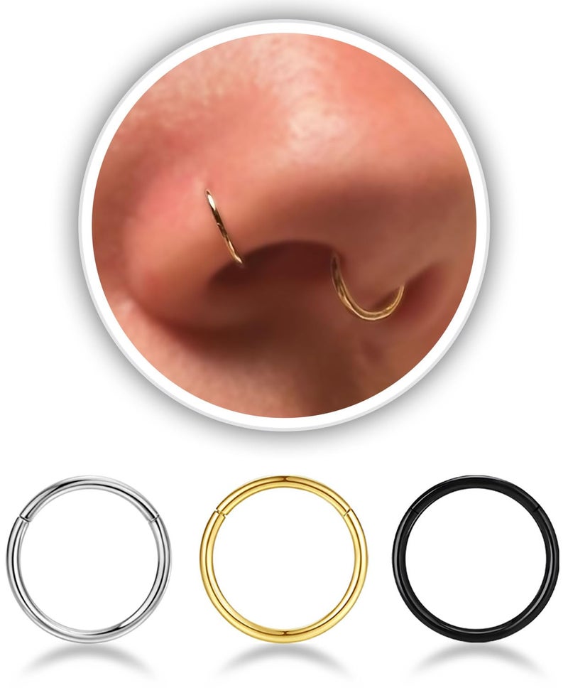 AMASIS 3Pcs 18G 6mm Nose Rings Hoop for Women Men,Hypoallergenic 316l Surgical Steel Hinged Clicker Segment Nose Rings Hoop Helix Cartilage Daith Tragus Sleeper Earrings Real Body Piercing Jewelry - Image 1