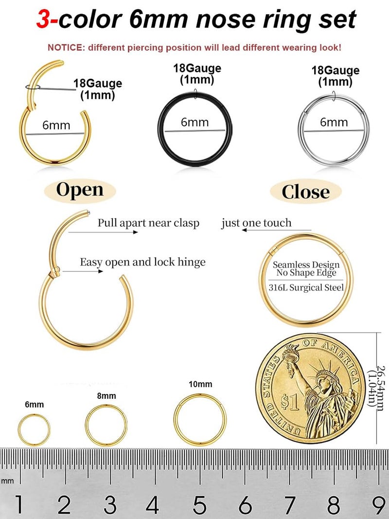 AMASIS 3Pcs 18G 6mm Nose Rings Hoop for Women Men,Hypoallergenic 316l Surgical Steel Hinged Clicker Segment Nose Rings Hoop Helix Cartilage Daith Tragus Sleeper Earrings Real Body Piercing Jewelry - Image 2