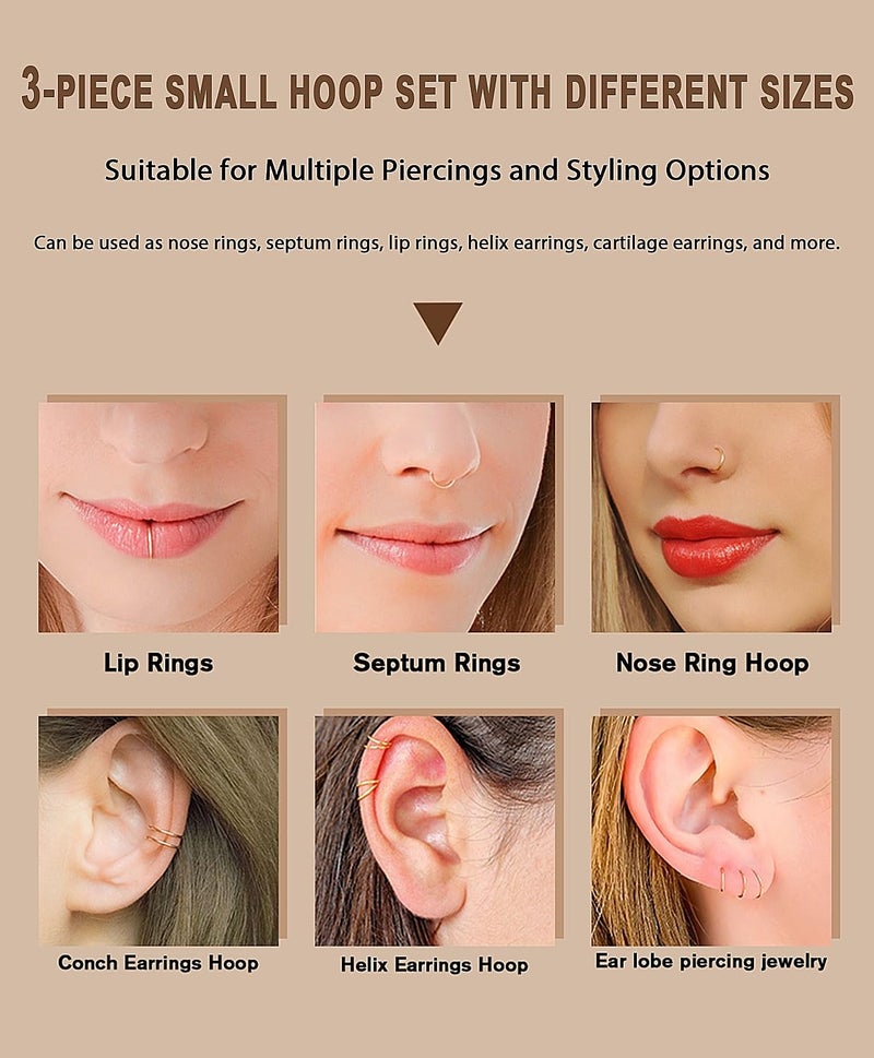 AMASIS 3Pcs 18G 6mm Nose Rings Hoop for Women Men,Hypoallergenic 316l Surgical Steel Hinged Clicker Segment Nose Rings Hoop Helix Cartilage Daith Tragus Sleeper Earrings Real Body Piercing Jewelry - Image 4