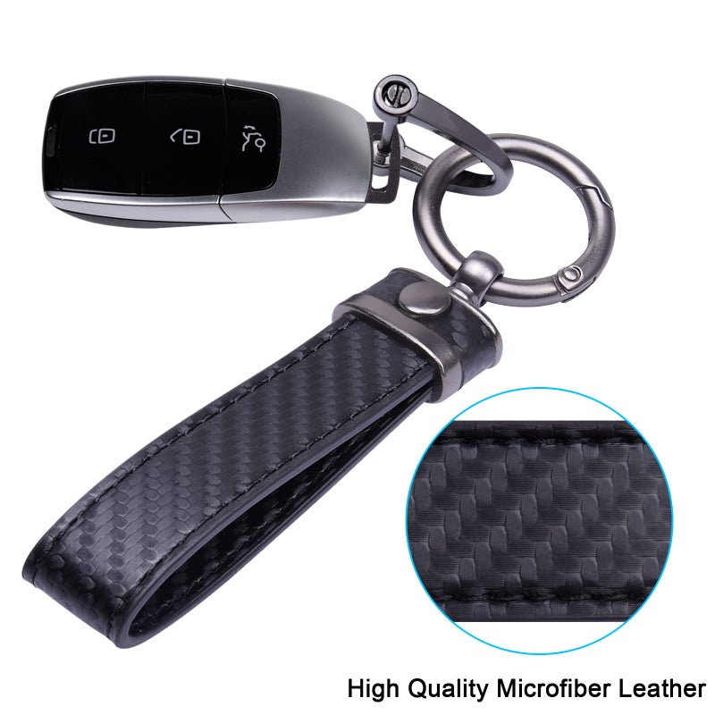 Wisdompro Carbon Fiber Style Car Keychain, Microfiber Leather Key Chain, Universal Key FOB Keychain Holder for Men and Women, with Anti-lost D-ring, 3 Keyrings - Black (with round connector) - Image 2