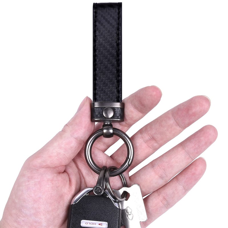 Wisdompro Carbon Fiber Style Car Keychain, Microfiber Leather Key Chain, Universal Key FOB Keychain Holder for Men and Women, with Anti-lost D-ring, 3 Keyrings - Black (with round connector) - Image 4