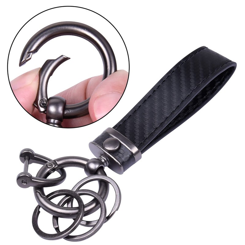Wisdompro Carbon Fiber Style Car Keychain, Microfiber Leather Key Chain, Universal Key FOB Keychain Holder for Men and Women, with Anti-lost D-ring, 3 Keyrings - Black (with round connector) - Image 5