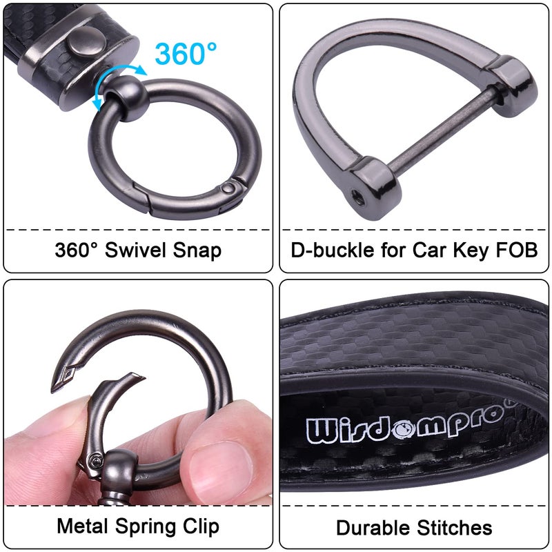 Wisdompro Carbon Fiber Style Car Keychain, Microfiber Leather Key Chain, Universal Key FOB Keychain Holder for Men and Women, with Anti-lost D-ring, 3 Keyrings - Black (with round connector) - Image 3
