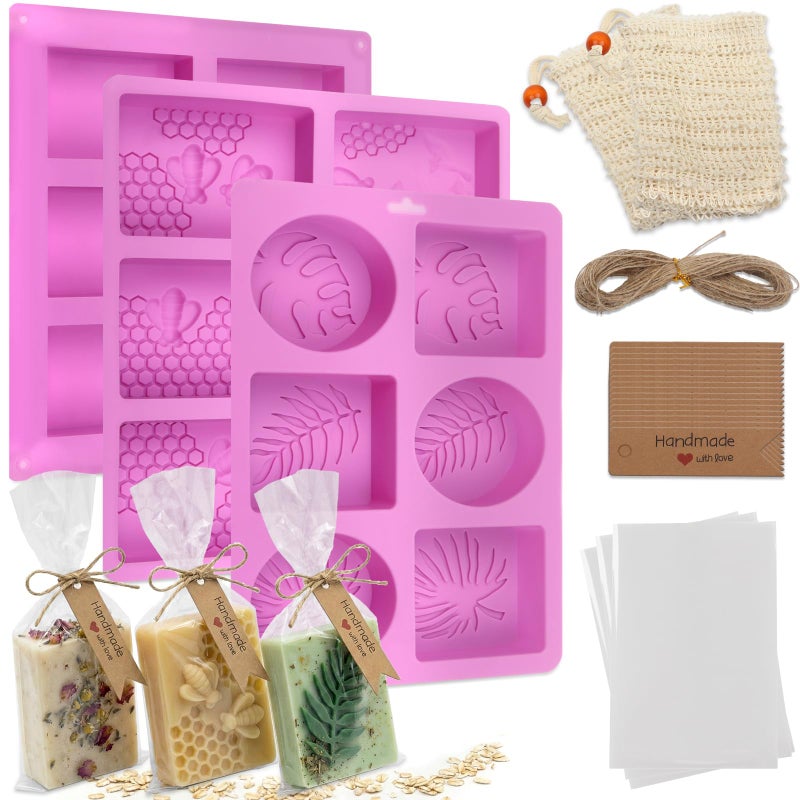 TIKMAX 102 Pcs Soap Making Mold Kit - 3 Silicone Molds, 48 Bags, 48 Gift Tags, 65ft Jute Twine, 2 Sisal Foaming Soap Bag Pouch for Handmade Craft Soaps, Jelly, Chocolate & Ice Cube Trays, DIY Wax Melts - Image 1