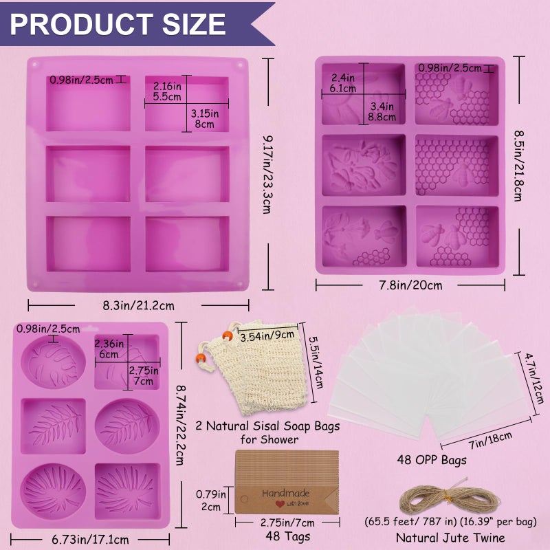 TIKMAX 102 Pcs Soap Making Mold Kit - 3 Silicone Molds, 48 Bags, 48 Gift Tags, 65ft Jute Twine, 2 Sisal Foaming Soap Bag Pouch for Handmade Craft Soaps, Jelly, Chocolate & Ice Cube Trays, DIY Wax Melts - Image 2