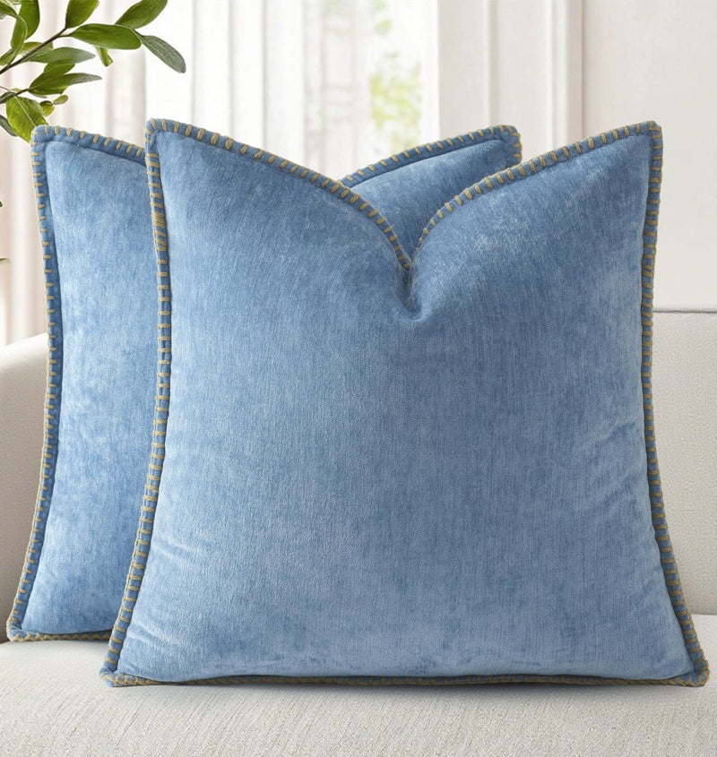 decorUhome Chenille Soft Cozy Throw Pillow Covers 20x20 Set of 2 Modern Farmhouse Boho Velvet Decorative Pillow Cases with Stitched Edge for Couch Sofa Bed Home Decor Blue - Image 2