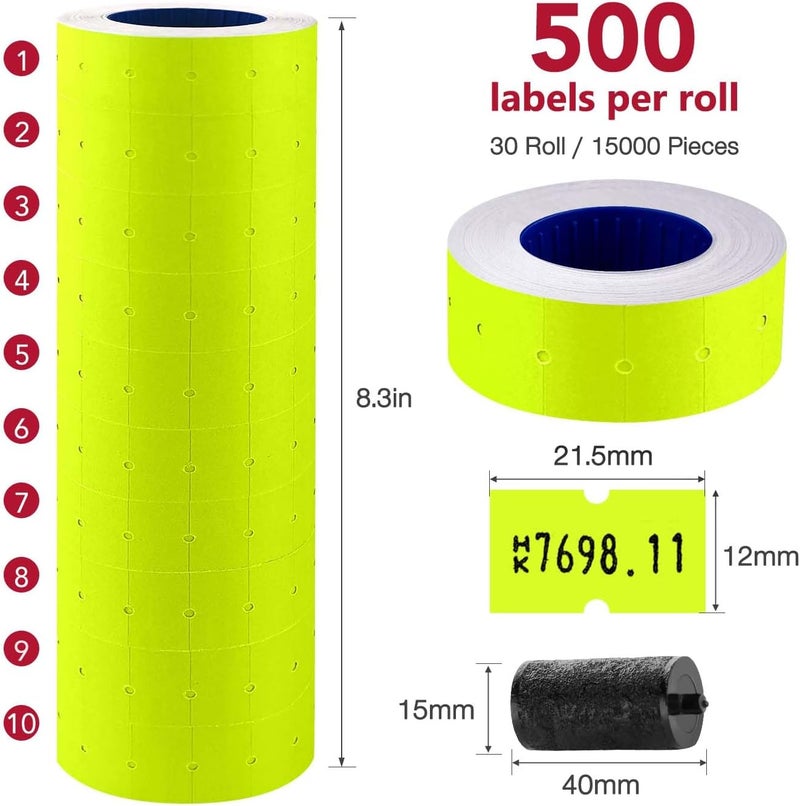 KPX 30 Rolls 15000pcs White Price Gun Labels for Mx-5500 Labeller White Pricemarker Stickers Plus 3 Piece Refill Ink Rolls (Yellow) - Image 2