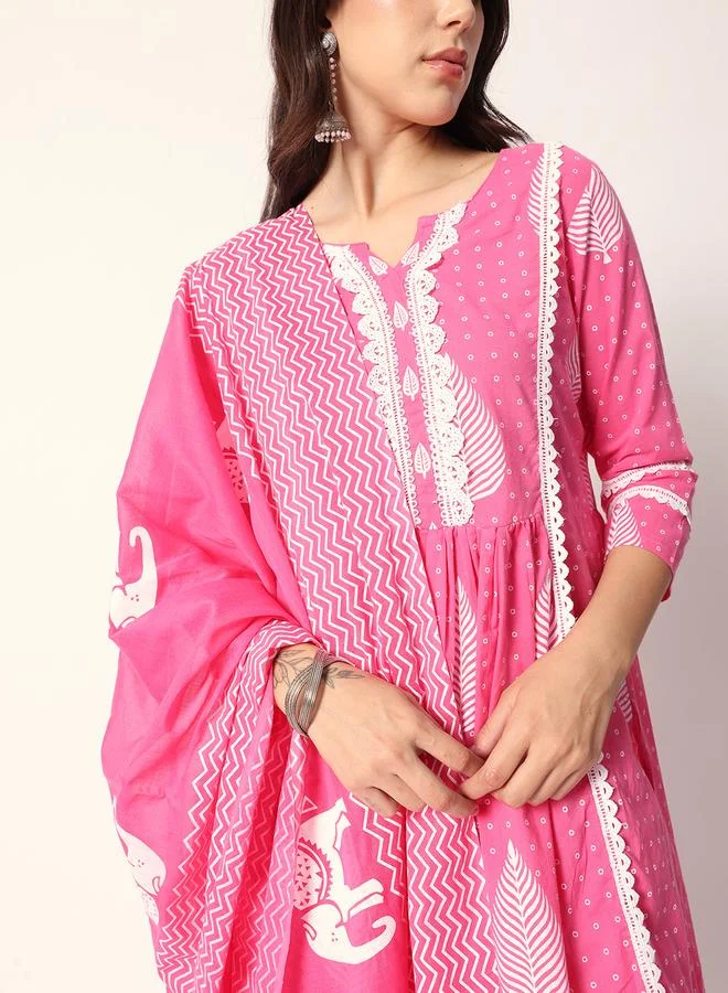 ISHIN Women's Pink Cotton Textured Tunic Full Palazzo Regular Fit Kurta Set