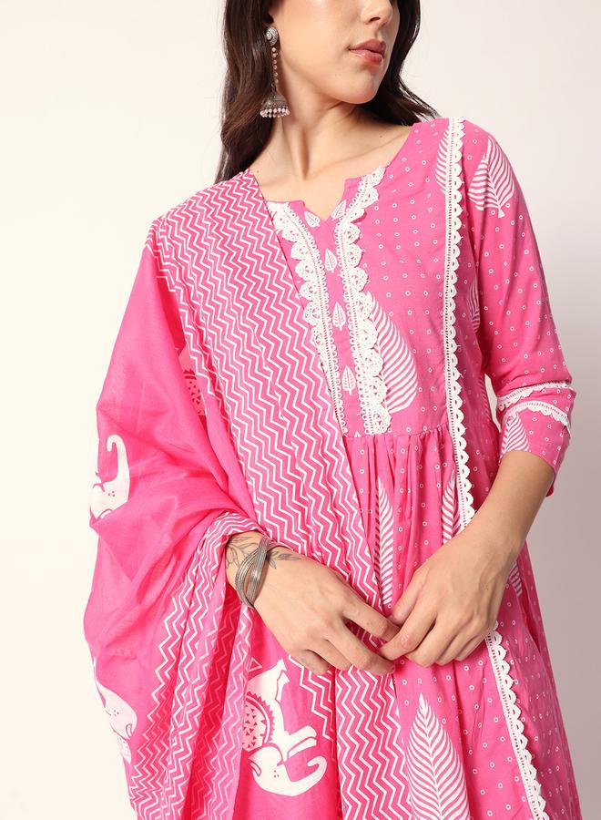 ISHIN Women's Pink Cotton Textured Tunic Full Palazzo Regular Fit Kurta Set - Image 3
