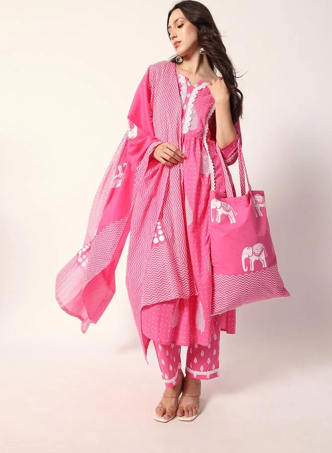 ISHIN Women's Pink Cotton Textured Tunic Full Palazzo Regular Fit Kurta Set