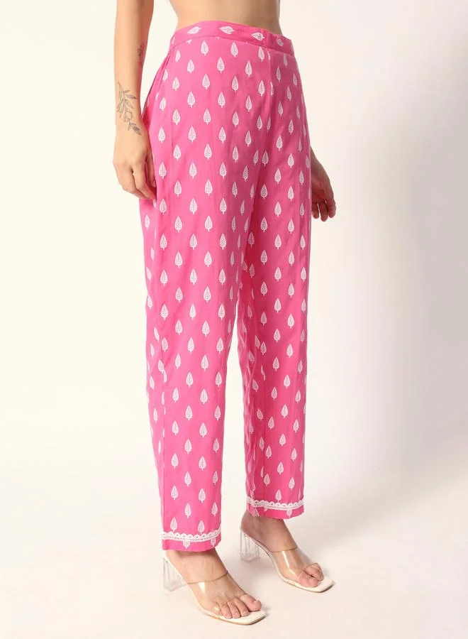 ISHIN Women's Pink Cotton Textured Tunic Full Palazzo Regular Fit Kurta Set