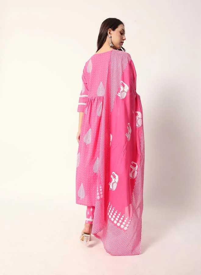 ISHIN Women's Pink Cotton Textured Tunic Full Palazzo Regular Fit Kurta Set