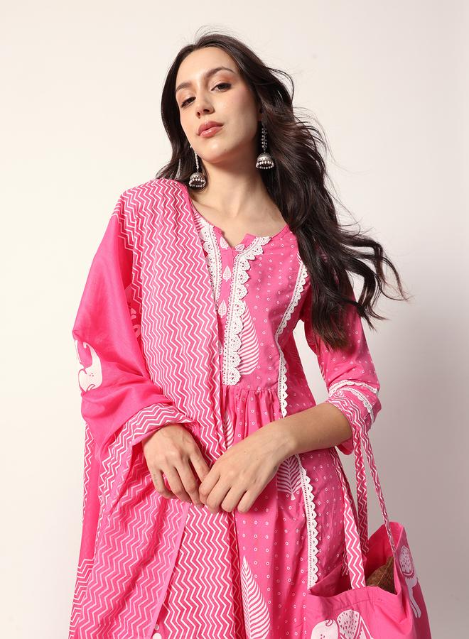 ISHIN Women's Pink Cotton Textured Tunic Full Palazzo Regular Fit Kurta Set - Image 2