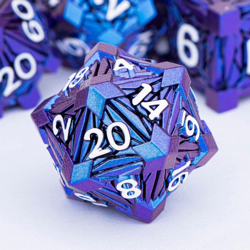 ORIFANTOU 7PCS Metal DND Dice Set with Box Debris RPG Blue White D and D Dice for DD Tabletop Games Role Playing Game Polyhedral Dice Set D20 D12 D10 D8 D6 D4 - Image 3