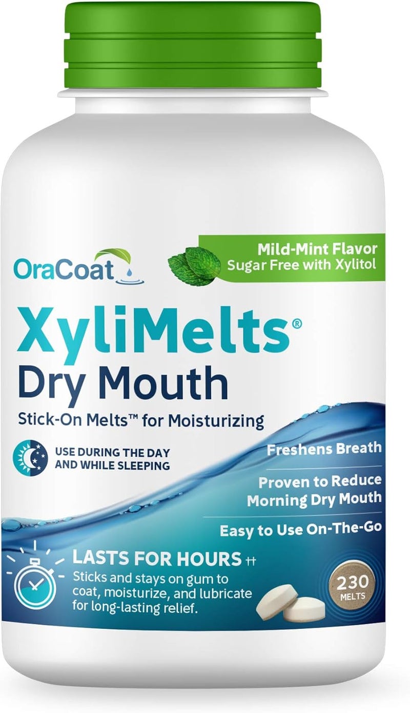 OraCoat XyliMelts Dry Mouth Relief Moisturizing Stick-On-Melts with Xylitol, 230 Count, Mild Mint, Helps Stimulate Saliva for Dry Mouth, Non-Acidic, Day & Night Use, Time Release for Up to 8-Hour