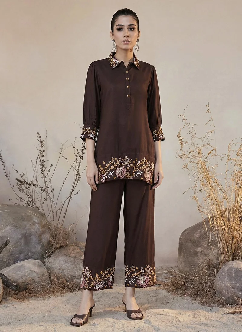 جلو باص Globus Women's Brown Casual Co Ord Set with Collared Neck and Embroidered Tunic
