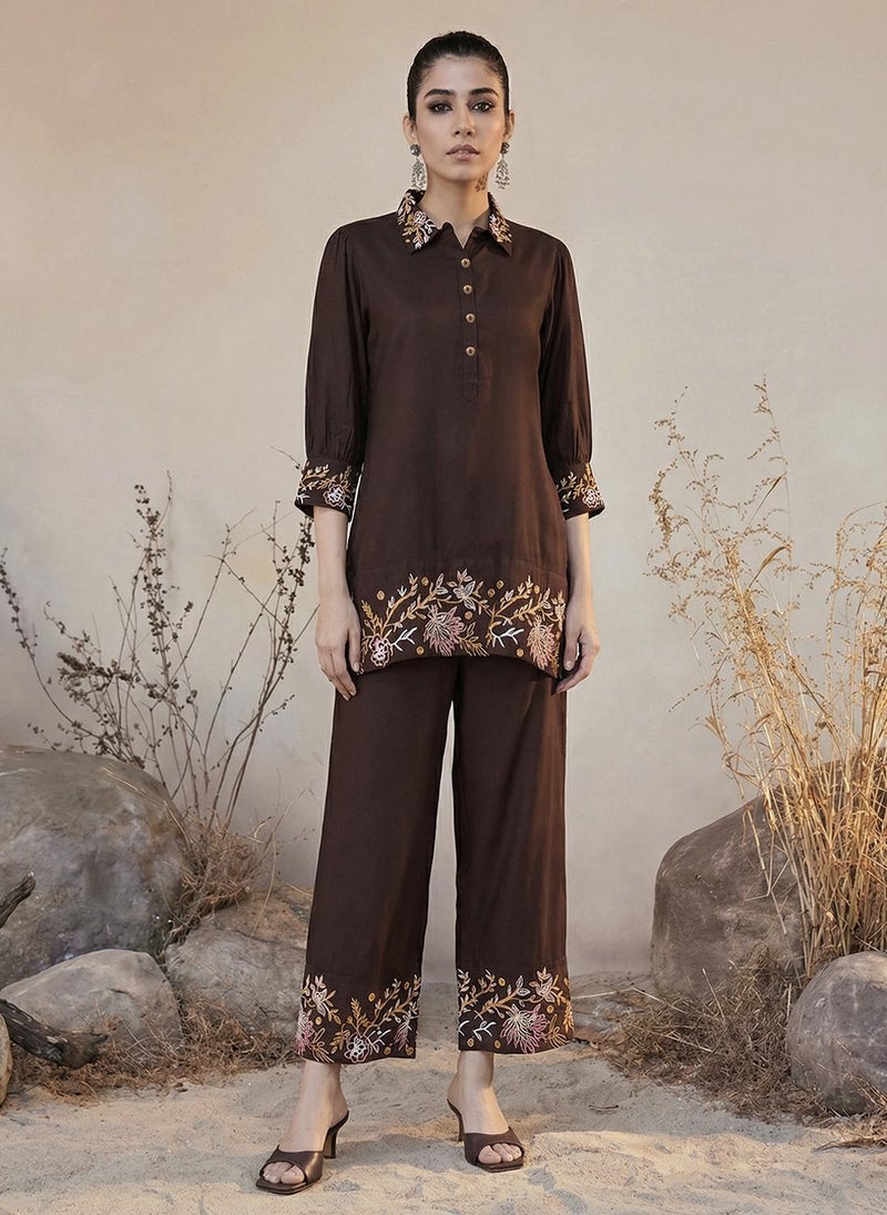 Globus Women's Brown Casual Co Ord Set with Collared Neck and Embroidered Tunic - Image 1