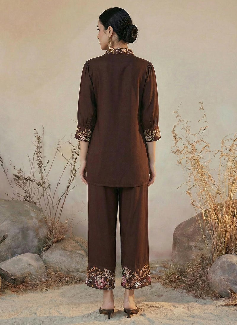 Globus Women's Brown Casual Co Ord Set with Collared Neck and Embroidered Tunic - Image 4