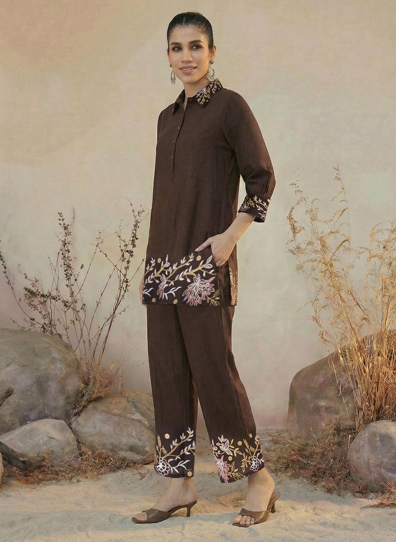 Globus Women's Brown Casual Co Ord Set with Collared Neck and Embroidered Tunic - Image 3