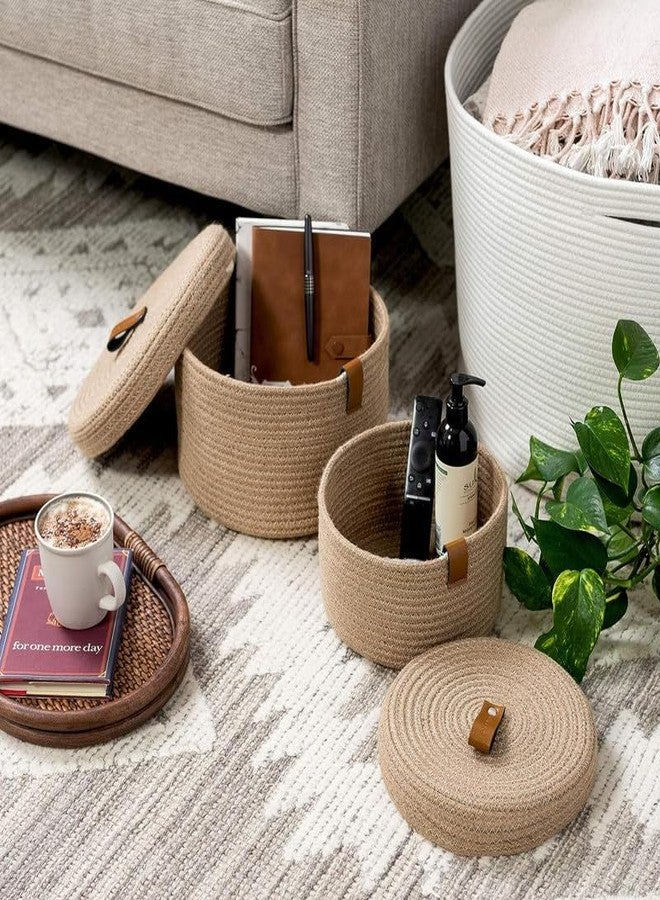 FIASCO Round Baskets with Lids - Set of 2 Decorative Cotton Baskets with Lids for Organizing Rope Lidded Baskets with Genuine Leather Tabs White - Image 2