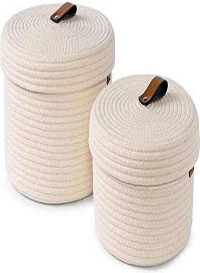 FIASCO Round Baskets with Lids - Set of 2 Decorative Cotton Baskets with Lids for Organizing Rope Lidded Baskets with Genuine Leather Tabs White - Image 1