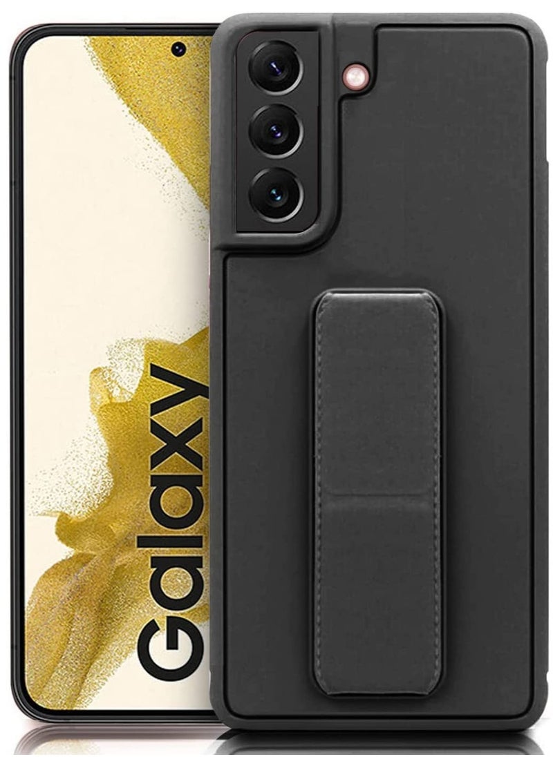 ELTRAZONE Premium Quality Silicone Slim PU Leather Kick Back Stand Grip Case Cover with Enhanced Protection of Wrist Strap Hand Band Cover Case for Samsung Galaxy S22 5G (S22 Black)  - Image 1