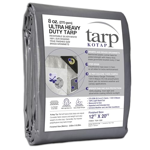 Kotap غطاء كوتاب 12 × 20 قدم للحماية الفائقة والمتانة، نسج متفوق لطول العمر، 16 مل، قابل للعكس، متعدد الاستخدامات، مقاوم للماء، فضي-أبيض، عبوة واحدة (TUH-1220) - Image 1