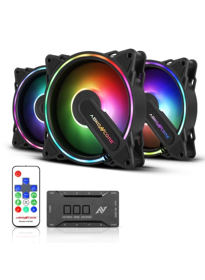 ABKONCORE HURRICANE RGB Fans, 3 Pack 120mm Computer Fans, 5V ARGB Motherboard SYNC/Remote Controller, Ajustable Fan Speed and Color, Hydro Bearing Case Fan with Fan Control Hub - Image 1