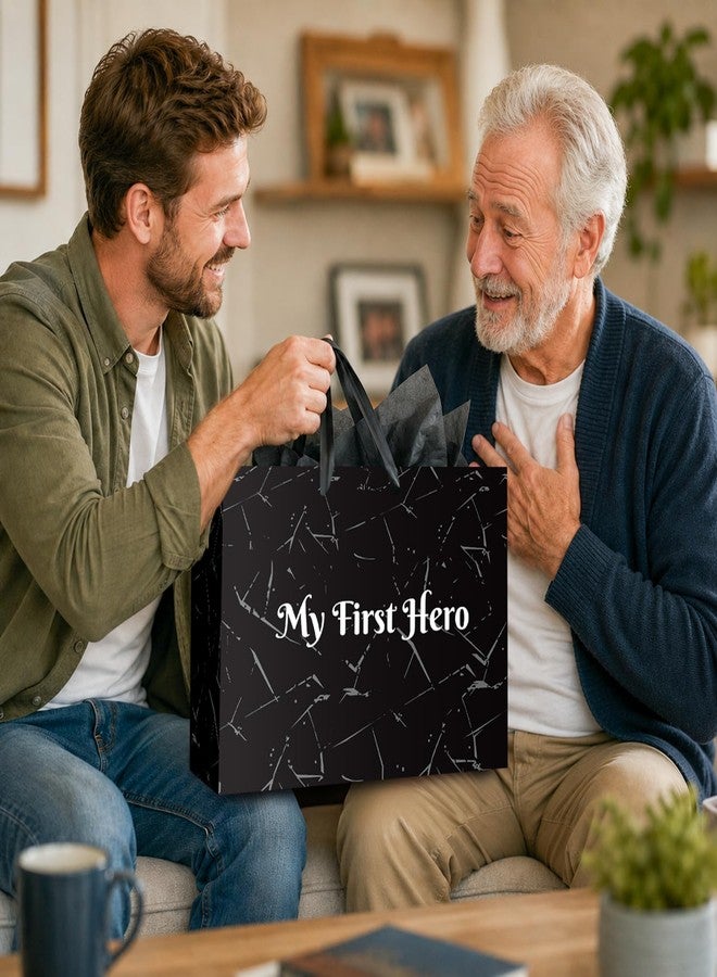 Linelglobal 15.7" Large Father's Day Bag with Tissue Paper Black Gift Bag for Fathers Day Men Dad Stepdad Grandfather Husband - My First Hero - Image 5