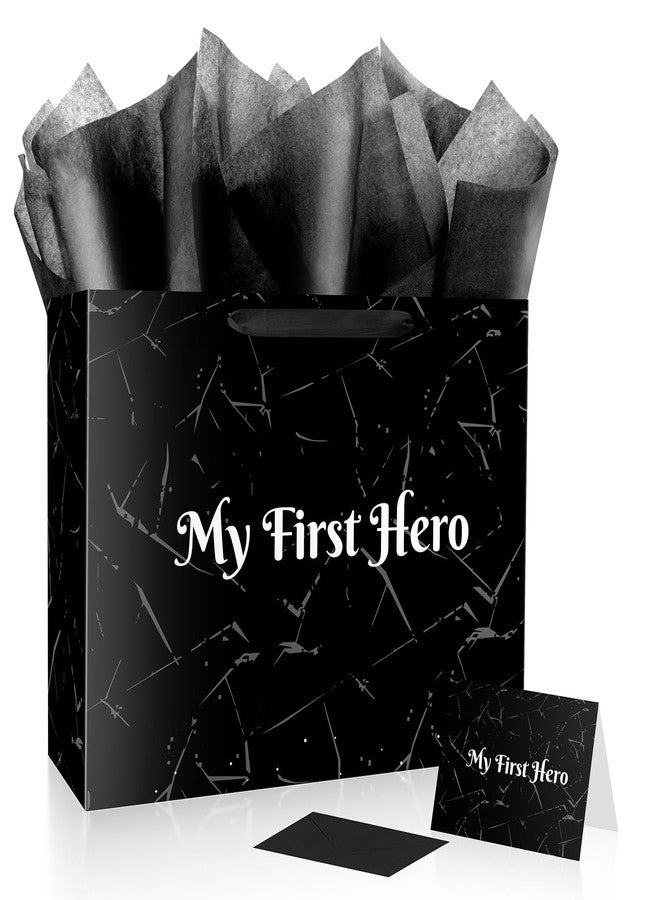 Linelglobal 15.7" Large Father's Day Bag with Tissue Paper Black Gift Bag for Fathers Day Men Dad Stepdad Grandfather Husband - My First Hero - Image 1