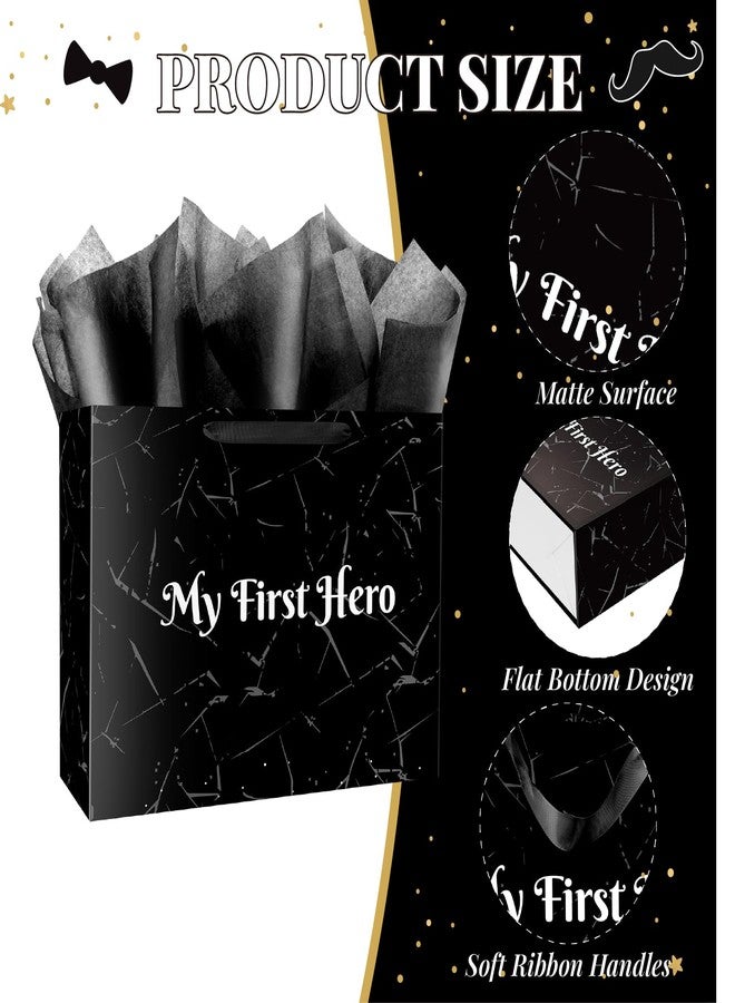 Linelglobal 15.7" Large Father's Day Bag with Tissue Paper Black Gift Bag for Fathers Day Men Dad Stepdad Grandfather Husband - My First Hero - Image 3