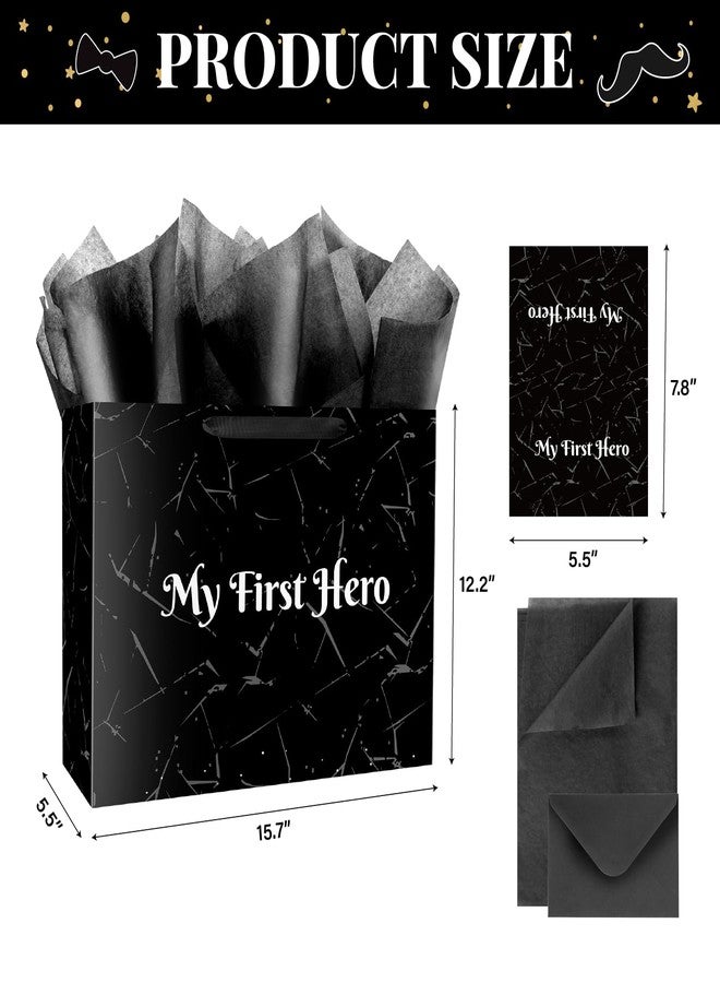 Linelglobal 15.7" Large Father's Day Bag with Tissue Paper Black Gift Bag for Fathers Day Men Dad Stepdad Grandfather Husband - My First Hero - Image 2