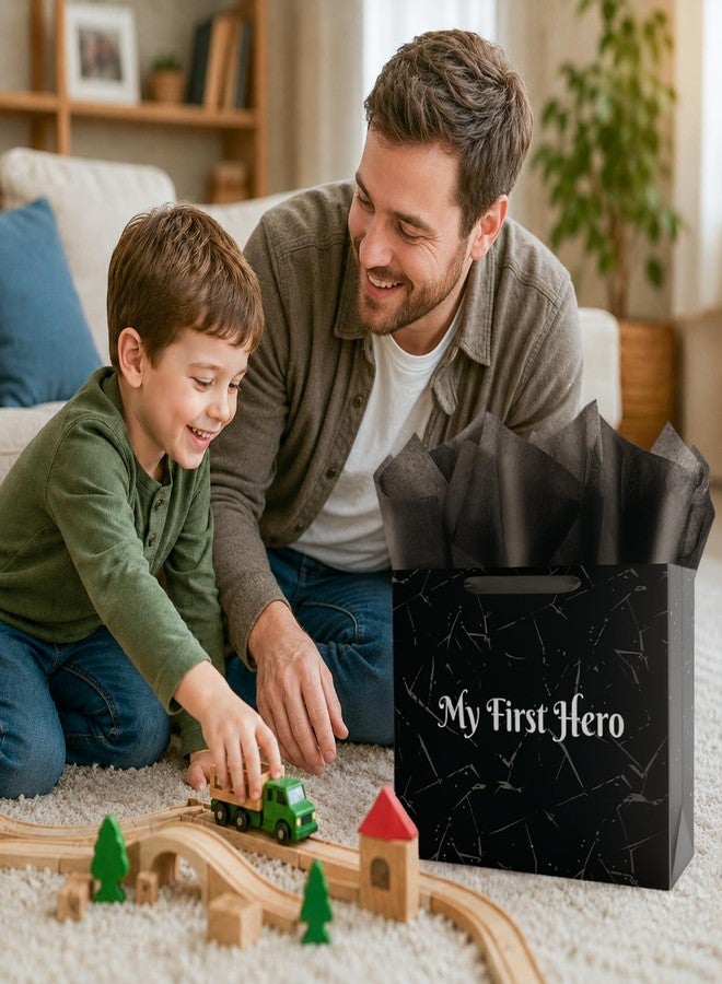Linelglobal 15.7" Large Father's Day Bag with Tissue Paper Black Gift Bag for Fathers Day Men Dad Stepdad Grandfather Husband - My First Hero - Image 4