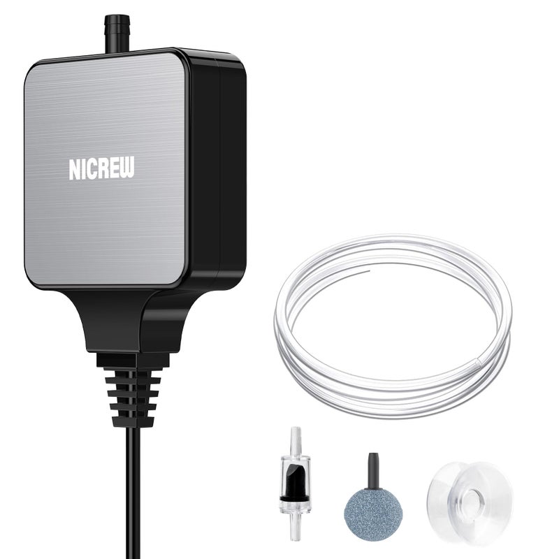 NICREW Nano Silent Aquarium Air Pump Black, Aquarium Aerator with Accessories for Up to 10 Gallon Fish Tank, Super Quiet, 0.3 L/min, 1.5 Watts - Image 1