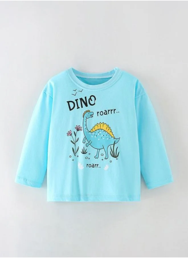 YUNIQEE Turquoise Blue Printed Long Sleeve Crew Neck T-Shirt