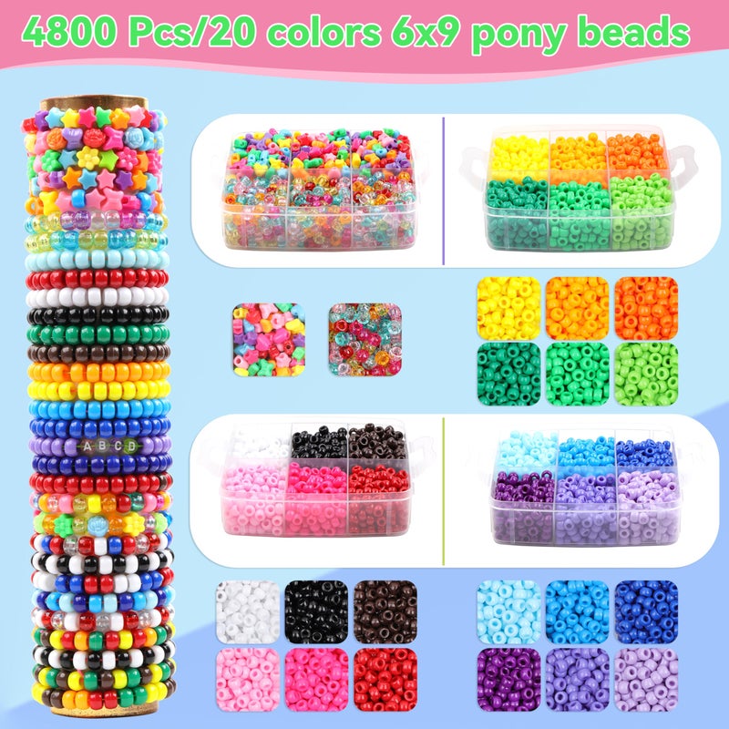 KAKW 4800 Pcs Pony Beads for Friendship Bracelets 6x9mm 18 Solid 8 Color Shapes 10 Glitter Plastic Beads for Jewelry Making Supplies Necklaces Keychains Hair Braid DIY Craft Accessories - Image 4