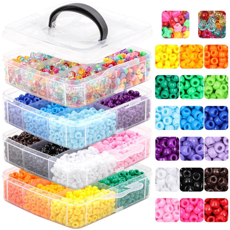 KAKW 4800 Pcs Pony Beads for Friendship Bracelets 6x9mm 18 Solid 8 Color Shapes 10 Glitter Plastic Beads for Jewelry Making Supplies Necklaces Keychains Hair Braid DIY Craft Accessories - Image 1