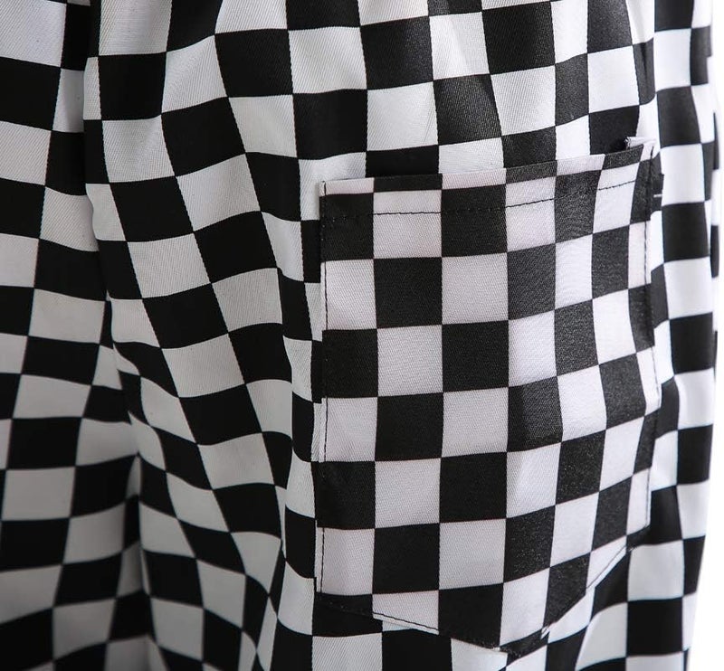 Nideen Men’s Black and White Checkerboard Print Chef Pants with Elastic Waist Drawstring Baggy Chef Uniforms - Image 1