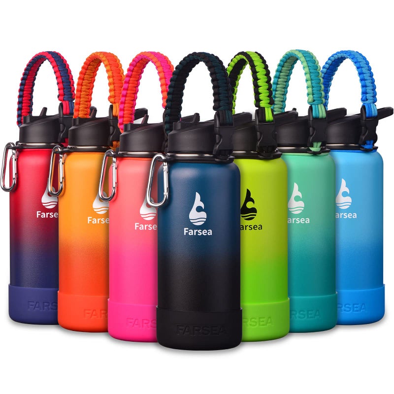 Farsea Insulated Water Bottle With Paracord Handle Protective Silicone Boot and 2 Lids Straw Lid  Spout Lid Stainless Steel Water Bottle Wide Mouth Double Wall SweatProof BPAFree 32 oz