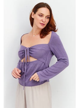 Asos Design Women Square Neck Long Sleeve Knit Cut Out Front Top, Lilac  - Image 2
