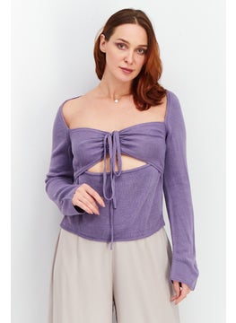Asos Design Women Square Neck Long Sleeve Knit Cut Out Front Top, Lilac  - Image 1