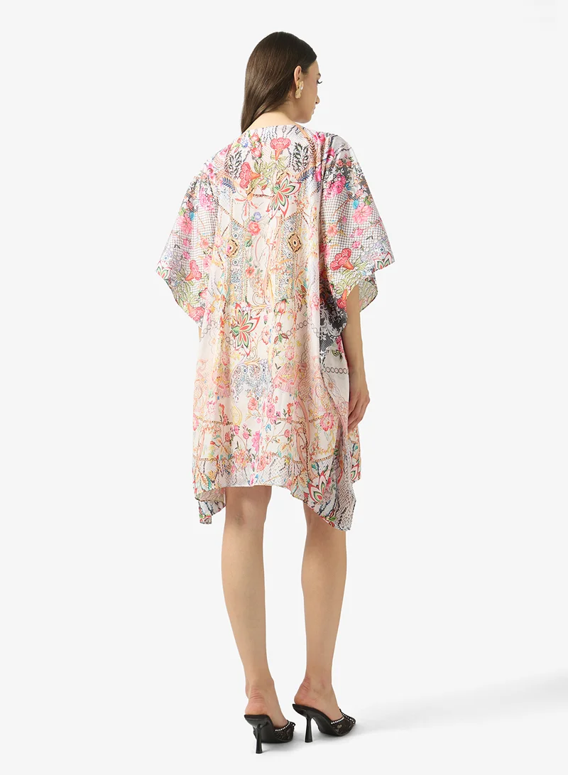 FYOR Woven Short Kaftan with Belt of Polyester Crape with Crystals