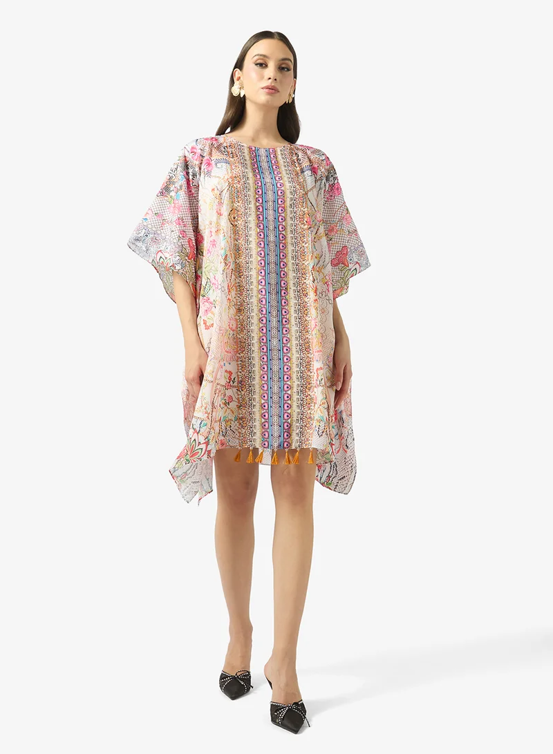 FYOR Woven Short Kaftan with Belt of Polyester Crape with Crystals