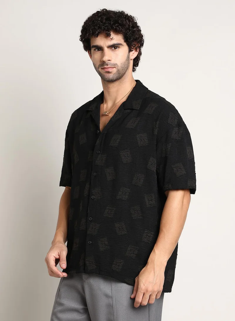 CAHOOT  Men's Onyx Black Indie-Cuban Oversized Shirt For Casual Wear | Cuban Collar | Short Regular Sleeves | Button Closure | Oversized Shirt Crafted With Comfort Fit For Everyday Wear for Men | Best Price UAE