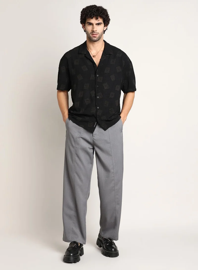 CAHOOT  Men's Onyx Black Indie-Cuban Oversized Shirt For Casual Wear | Cuban Collar | Short Regular Sleeves | Button Closure | Oversized Shirt Crafted With Comfort Fit For Everyday Wear for Men | Best Price UAE