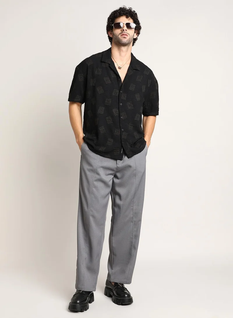 CAHOOT  Men's Onyx Black Indie-Cuban Oversized Shirt For Casual Wear | Cuban Collar | Short Regular Sleeves | Button Closure | Oversized Shirt Crafted With Comfort Fit For Everyday Wear for Men | Best Price UAE