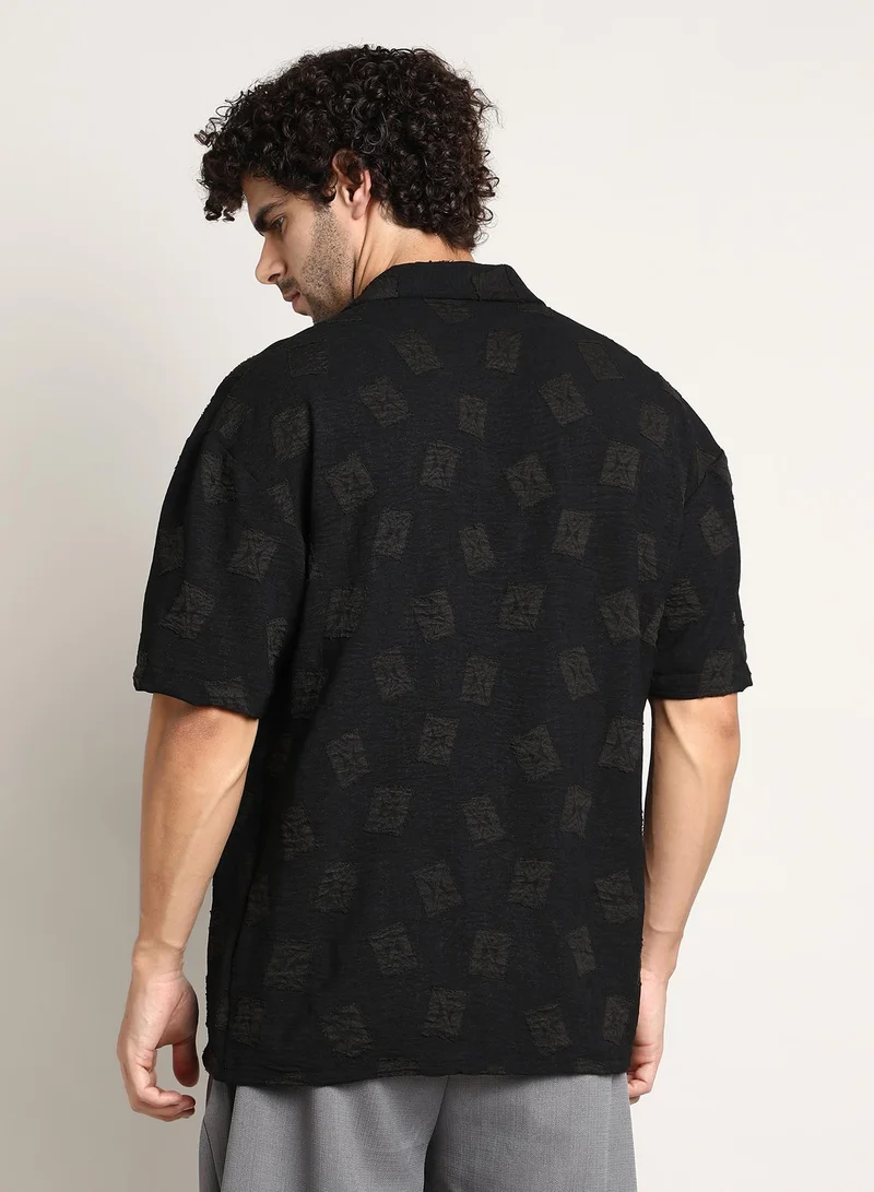 CAHOOT  Men's Onyx Black Indie-Cuban Oversized Shirt For Casual Wear | Cuban Collar | Short Regular Sleeves | Button Closure | Oversized Shirt Crafted With Comfort Fit For Everyday Wear for Men | Best Price UAE