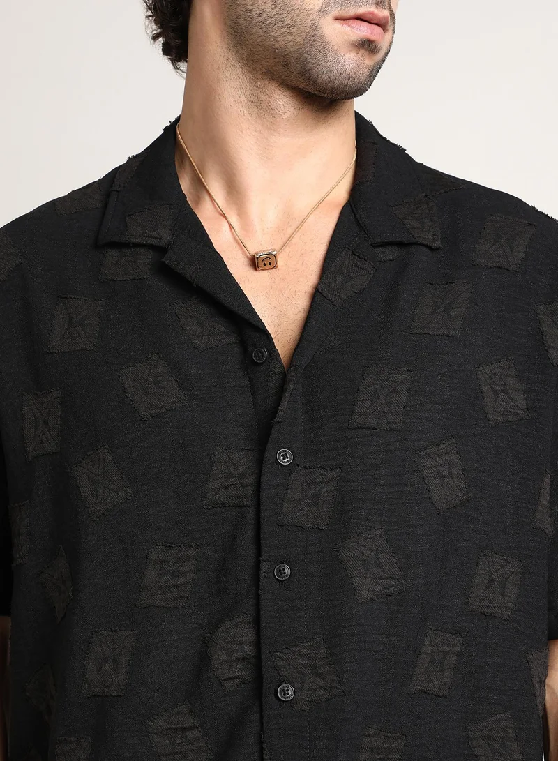CAHOOT  Men's Onyx Black Indie-Cuban Oversized Shirt For Casual Wear | Cuban Collar | Short Regular Sleeves | Button Closure | Oversized Shirt Crafted With Comfort Fit For Everyday Wear for Men | Best Price UAE