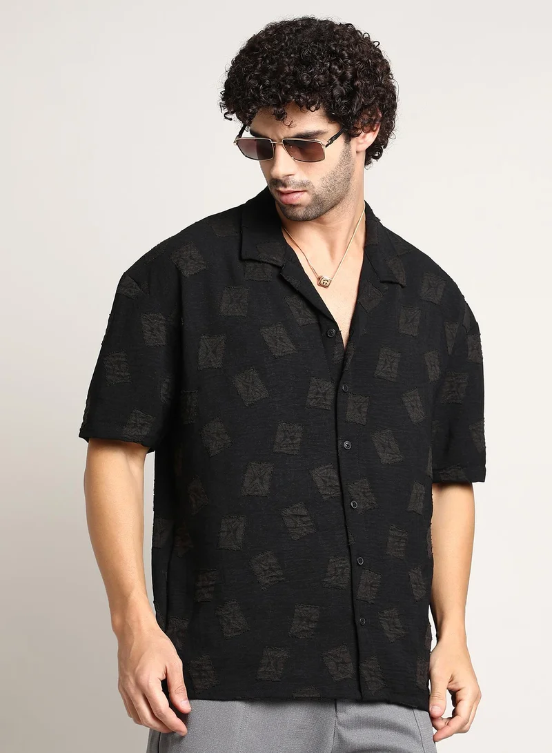 كامبوس سوترا Men's Onyx Black Indie-Cuban Oversized Shirt For Casual Wear | Cuban Collar | Short Regular Sleeves | Button Closure | Oversized Shirt Crafted With Comfort Fit For Everyday Wear