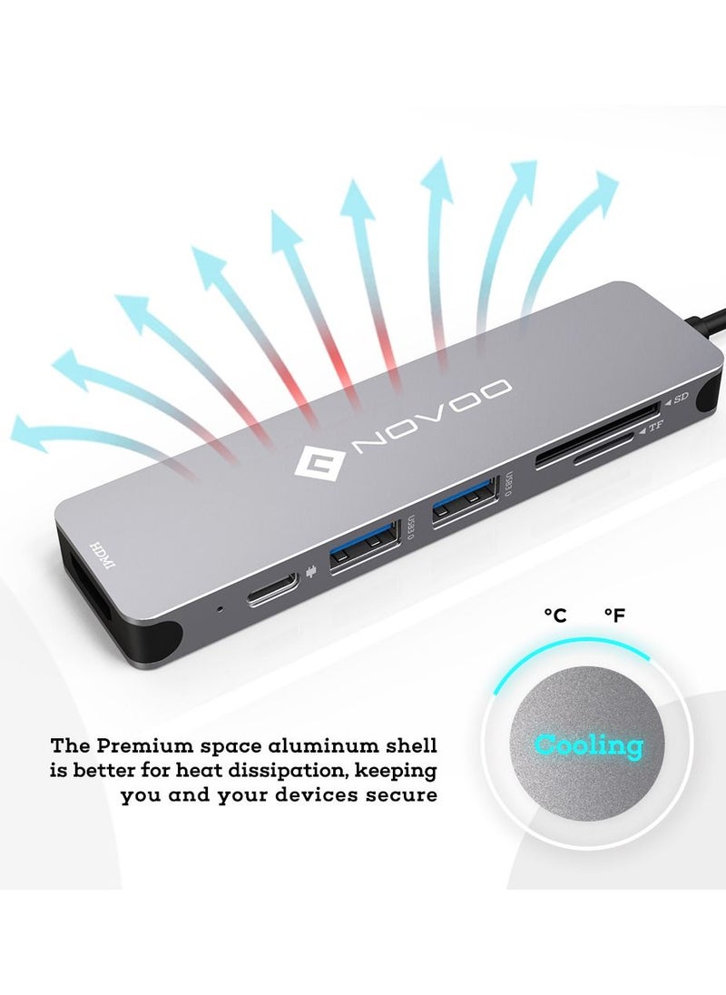 نوفوو - محور NOVOO USB-C 6 في 1، محول ألومنيومي يحتوي على محول HDMI 4K، تقنية الشحن السريع USB-C Power Delivery، قارئ بطاقات SD و Micro SD، و 2 منافذ USB 3.1 متوافق مع أجهزة USB-C. - Image 1